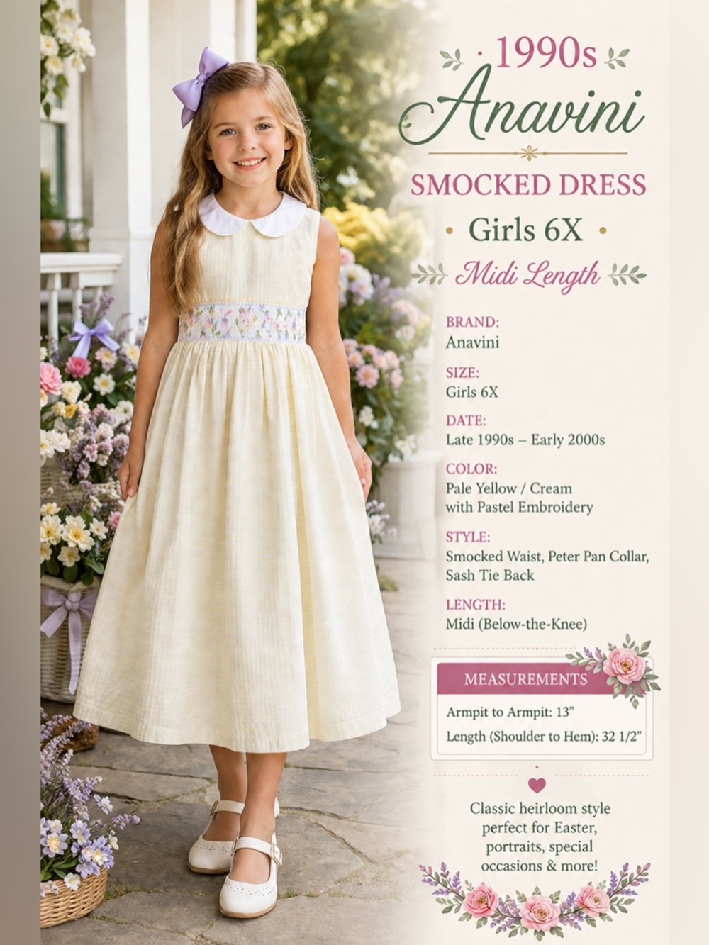 Anavini Girls 6X Smocked Heirloom Dress Yellow White Midi